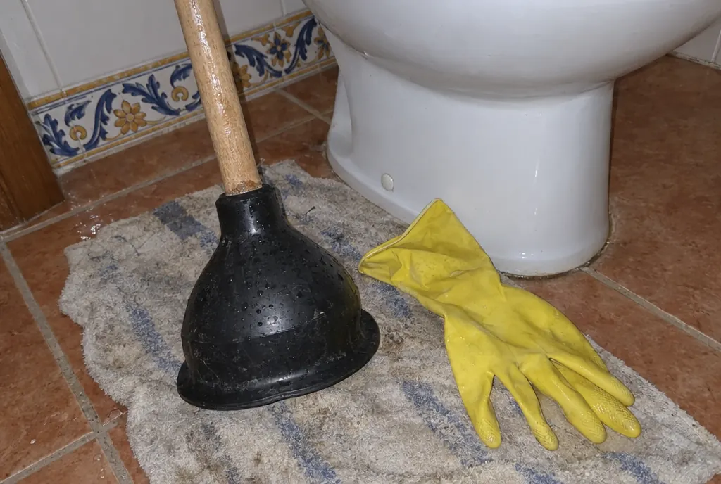 Desatascador de ventosa con mango de madera y unos guantes de goma junto a la base de un inodoro