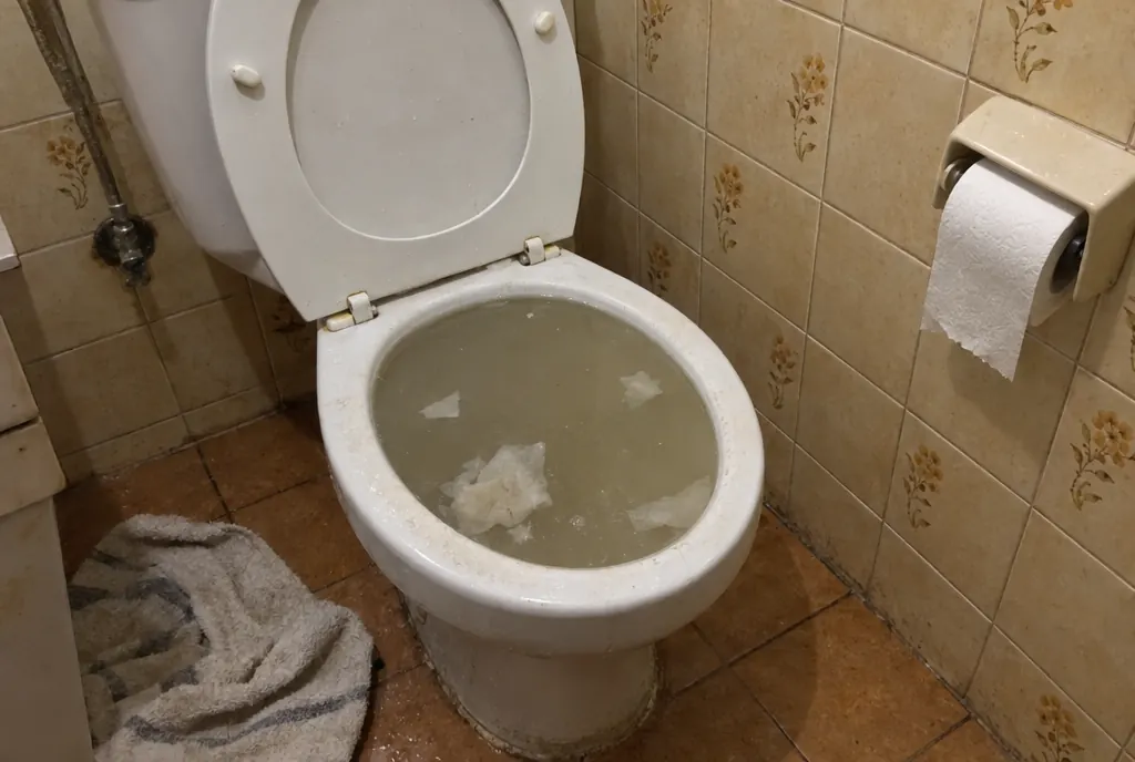 Inodoro de un baño alicatado con el agua turbia casi hasta el borde y restos de papel
